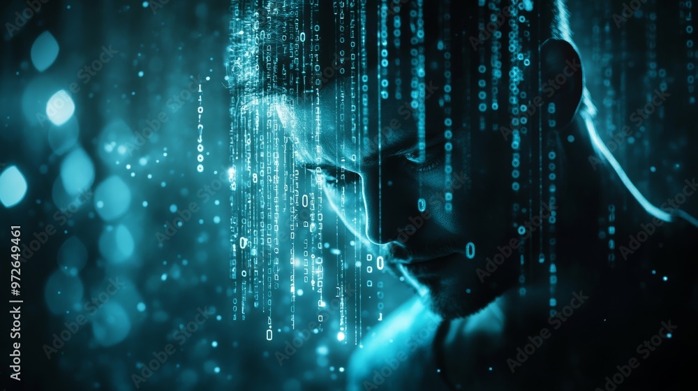 Poster Close-up of man with binary code projected on his face, representing coding and data security threats.