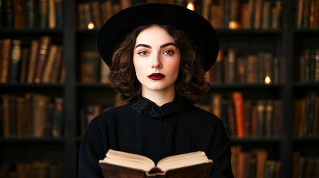 A woman wearing a black hat and dress reads an old book in a dimly lit library, her expression serious and focused, creating a moody and contemplative atmosphere.