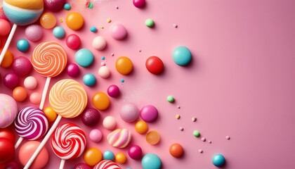 colorful lollipops and candies scattered on a pink background a sweet and playful image for a sugary treat or celebration theme