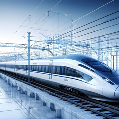 Fototapeta premium High Speed Rail Train 3D model in motion City Transport Subway Metro Vehicle Infrastructure Digital Construction Blueprint
