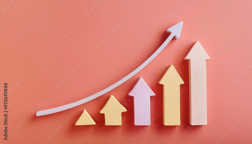 Poster rising bar graph made of colorful arrows on an orange background symbolizes growth and progress in b