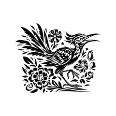 Obraz premium Roadrunner bird in folk art black and white silhouette illustration