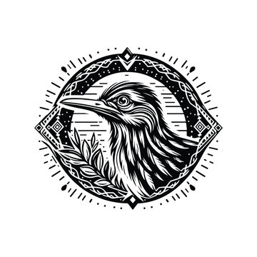 recommend clip art: Roadrunner bird in bohemian black and white silhouette illustration