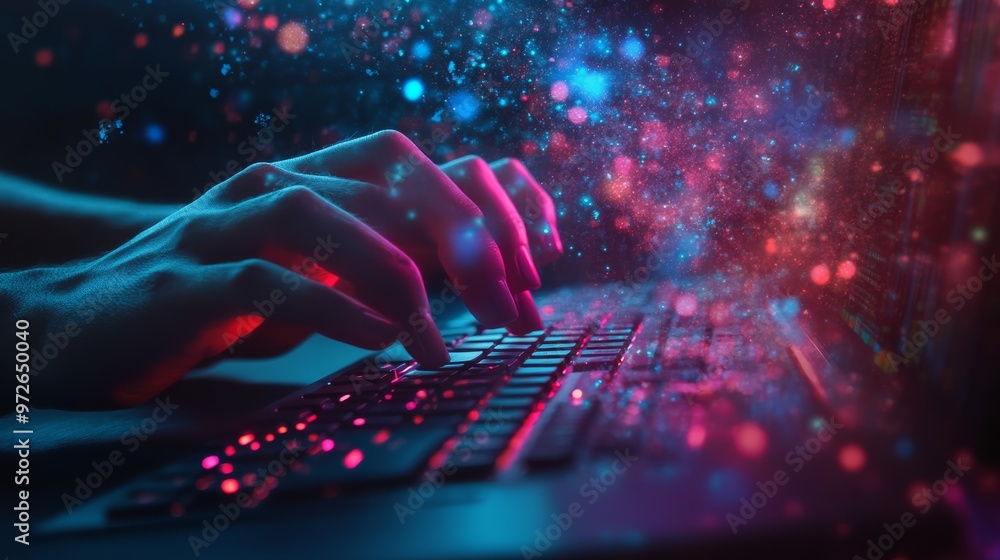 Poster Hands typing on a glowing keyboard with data code on the screen. Cybersecurity and coding concept.