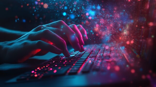 Hands typing on a glowing keyboard with data code on the screen. Cybersecurity and coding concept.