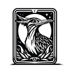 Naklejka premium Roadrunner bird in Tarot card black and white silhouette illustration
