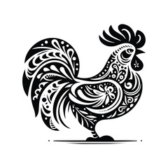 Obraz premium Rooster bird in folk art black and white silhouette illustration