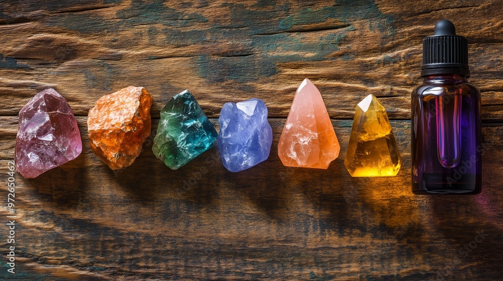 Poster a colorful array of natural crystals lined up next to a small essential oil bottle on a rustic woode