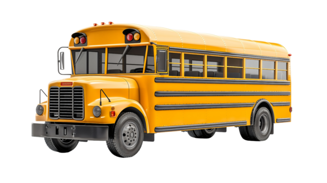 A school bus isolated on a transparent background, highlighting its classic yellow design and significance in transportation. Perfect for traffic-related designs, educational materials, or safety camp
