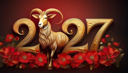 Chinese Year of the Goat 2027, Fire Goat, Happy New Chinese Year, Golden Goat with Red Flowers