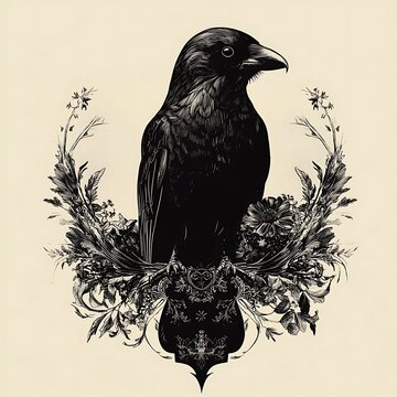 recommend clip art: A Black Raven Perched Within Floral Flourish