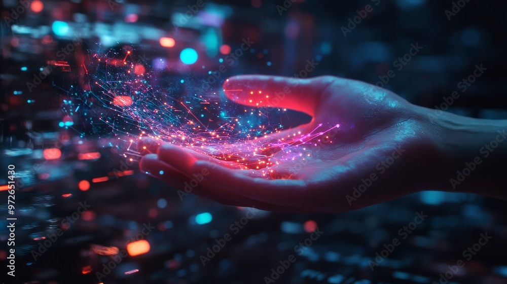 Aufkleber Hand holding a glowing network of data connections, symbolizing digital innovation and technological progress.