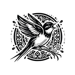 Obraz premium Swallow bird in bohemian black and white silhouette illustration