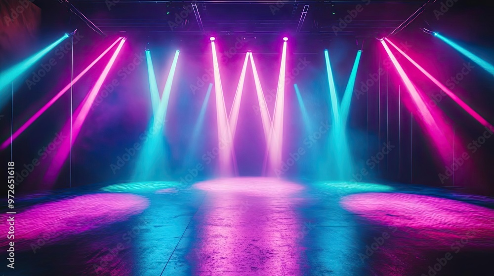 Poster vibrant stage lights create a dynamic atmosphere for concerts and events, blending pink and blue hue