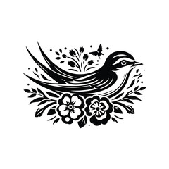 Swallow bird in folk art black and white silhouette illustration