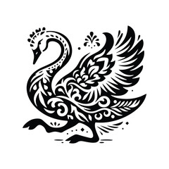 Naklejka premium Swan bird in folk art black and white silhouette illustration