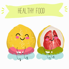 Pomelo fruit, tropical exotic citrus, vector isolated food icon, funny character. Pummelo or shaddock fruits , tropic farm juicy exotic fruits harvest, sweet fruity dessert. Hand drawn vector.