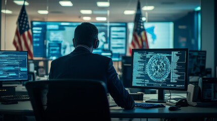 A government office where cybersecurity policies are being drafted, with officials discussing regulations and standards to protect national infrastructure