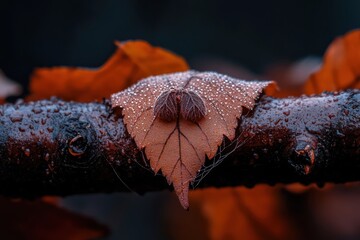 A detailed macro photograph highlighting a brown autumn leaf adorned with water droplets, resting peacefully on a tree branch, encapsulating a moment of nature's beauty.
