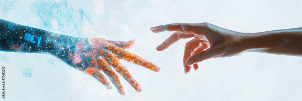 Poster Human hand reaching out to a robotic hand symbolizing human-technology connection and artificial intelligence.