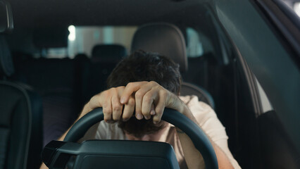Frustrated stressed worried irritated angry Caucasian driver worry about traffic jam lateness...