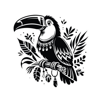 recommend clip art: Toucan bird in bohemian black and white silhouette illustration