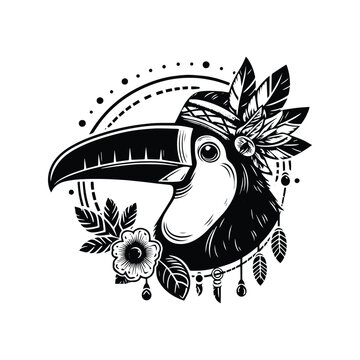 recommend clip art: Toucan bird in bohemian black and white silhouette illustration