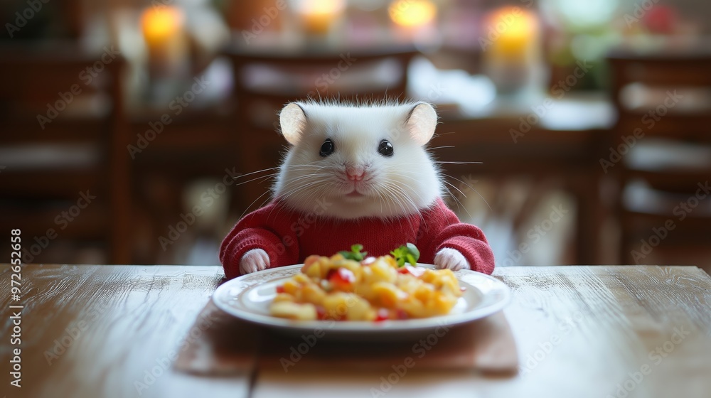 Poster a hamster is sitting at a table with a plate of food in front of it. the hamster is wearing a red sw
