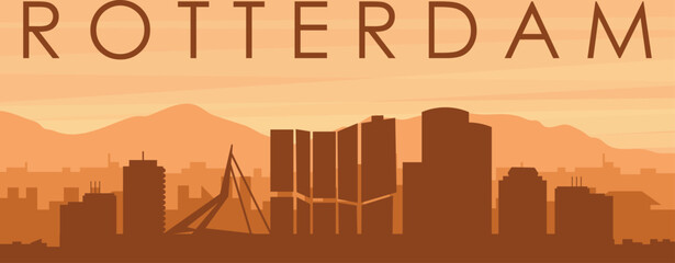 Brown panoramic poster of the city skyline with misty background buildings, sunrise, clouds and mountains of ROTTERDAM, NETHERLANDS