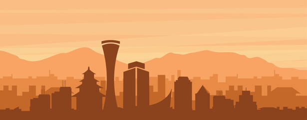 Obraz premium Brown panoramic poster of the city skyline with misty background buildings, sunrise, clouds and mountains of OSAKA, JAPAN