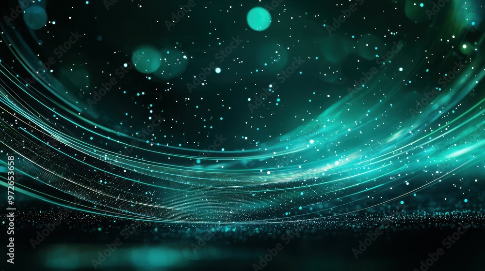 Poster abstract swirling patterns with glowing turquoise particles on a dark background.