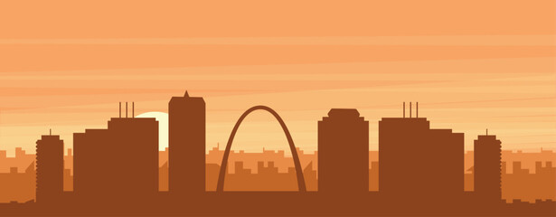 Brown panoramic poster of the city skyline with misty background buildings, sunrise, clouds and mountains of ST. LOUIS, UNITED STATES