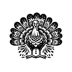 Fototapeta premium Turkey bird in folk art black and white silhouette illustration