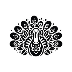 Turkey bird in folk art black and white silhouette illustration