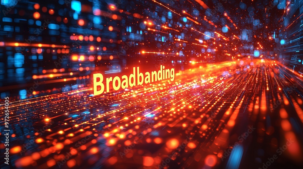 Poster high-tech visual representation of 'broadbanding' with glowing light trails moving through a digital