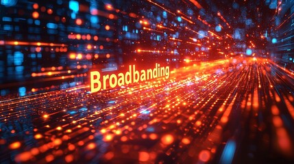 High-tech visual representation of 'Broadbanding' with glowing light trails moving through a digital matrix background, symbolizing fast data transmission and connectivity.