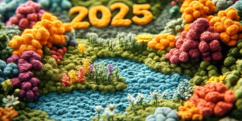  A woolen felt number "2025", featuring miniature landscapes, spring landscapes