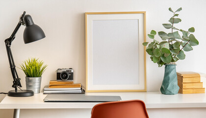 Frame standing on a wooden table against the wall. Scandinavian interior with old books and ceramic pots with succulents and cacti. Beautiful hygge layout and background for painting presentation.