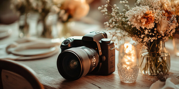 A camera positioned on a rustic wooden table surrounded by flower arrangements and candles in a cozy indoor setting during a golden hour gathering - Powered by Adobe