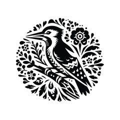 Fototapeta premium Woodpecker bird in folk art black and white silhouette illustration