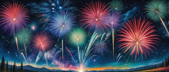 Fototapeta premium Fireworks Display Over a Night Sky