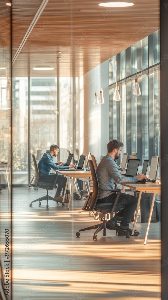 Poster Coders working in a modern office with glass walls and bright lighting. Collaborative software development concept.