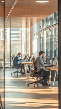 Coders working in a modern office with glass walls and bright lighting. Collaborative software development concept.