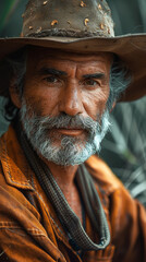 A seasoned cowboy with a rugged beard gazes thoughtfully at the camera while wearing a weathered hat, capturing the essence of life on a ranch in the early morning light