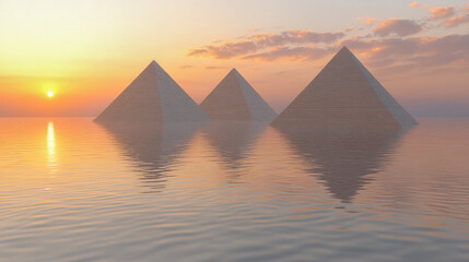Fototapeta premium Three grand pyramids beautifully reflecting in the still water during a breathtaking sunset, blending ancient architecture with nature's beauty.