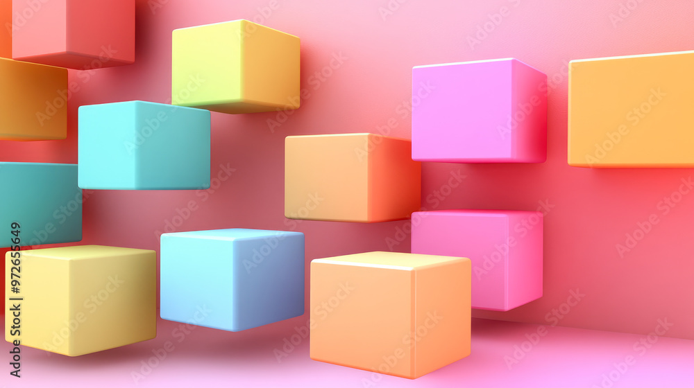 Poster 3d illustration of vibrant, multi-colored cubes floating against a soft pink gradient background, cr