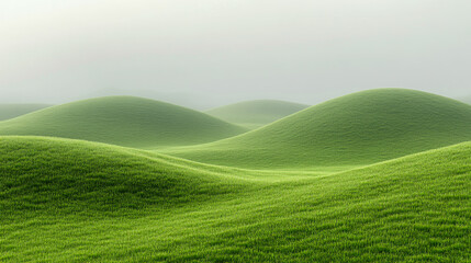 Fototapeta premium Simple and serene rolling green hills under a foggy sky, showcasing the beauty of minimalistic landscape with tranquility and calmness.