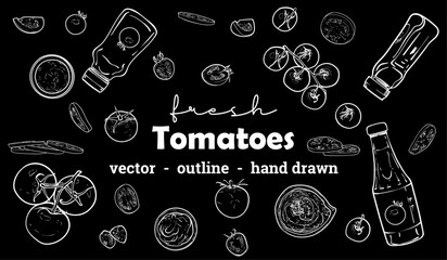 Hand drawn vector outline of tomatoes. Top and side view of these fresh vegetables on black background. Easy to edit and ready to use assets for menu designs, both online and print.