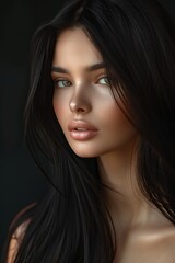 Fototapeta premium A young woman with long black hair and striking features gazes thoughtfully, illuminated by soft light that highlights her natural beauty against a dark background