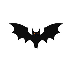 Halloween bat vector graphic illustration for holiday scary night. Flying vampire bat icon isolated on white background. Traditional Halloween element black bat silhouette